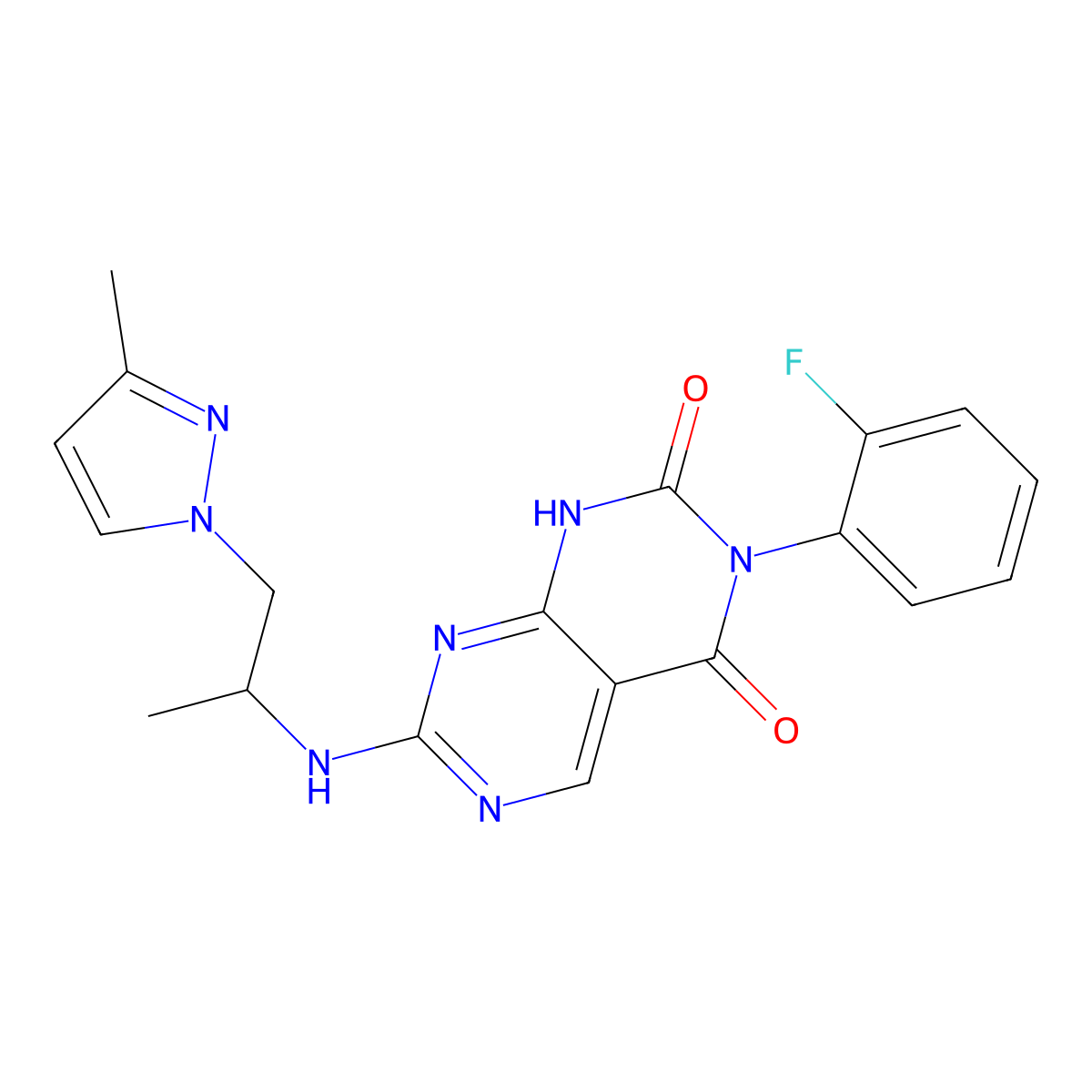 3-(2-fluorophenyl)-7-((1-(3-methyl-1H-pyrazol-1-yl)propan-2-yl)amino)pyrimido[4,5-d]pyrimidine-2,4(1H,3H)-dione molecular structure, CAS 1421507-82-5