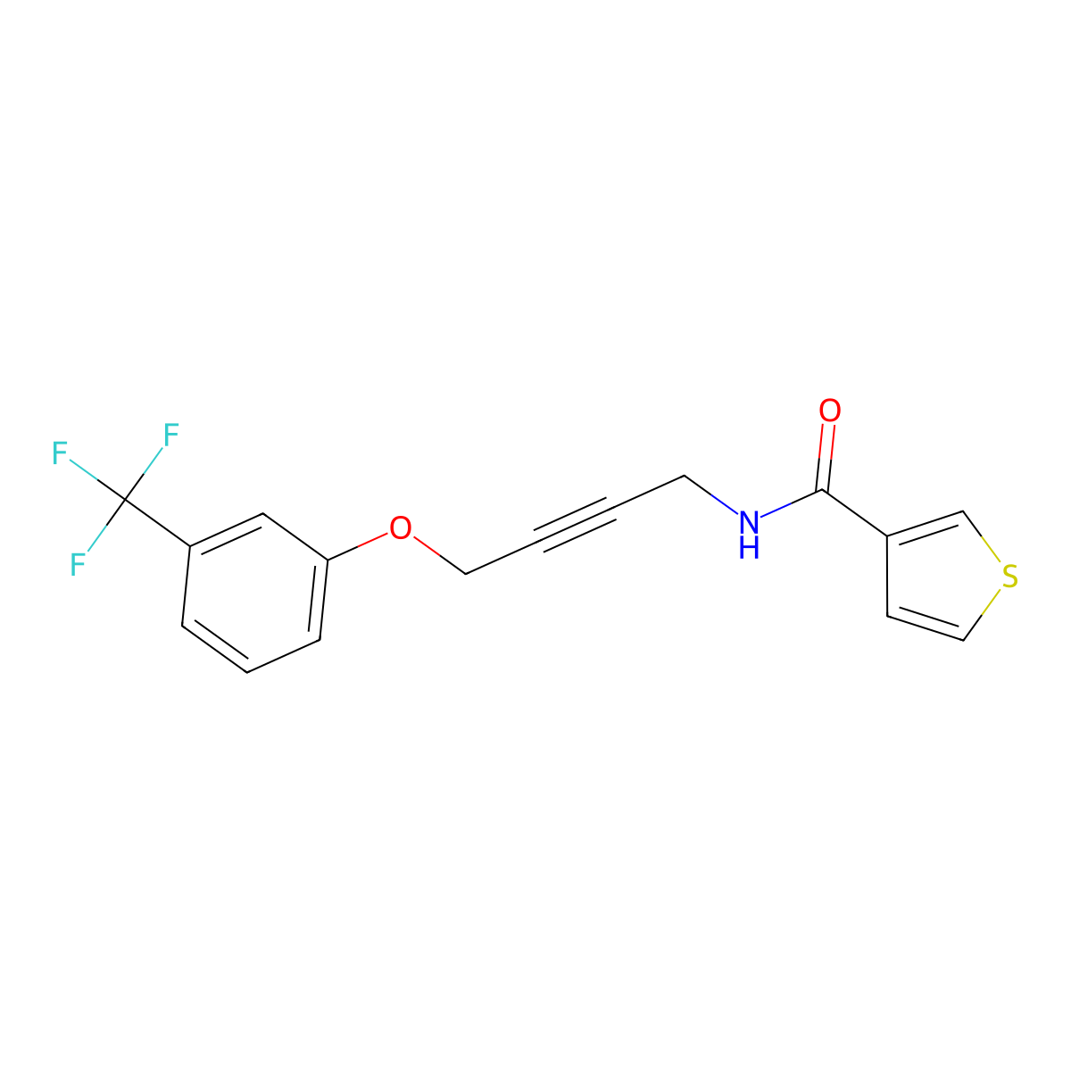 N-(4-(3-(trifluoromethyl)phenoxy)but-2-yn-1-yl)thiophene-3-carboxamide molecular structure, CAS 1421507-90-5