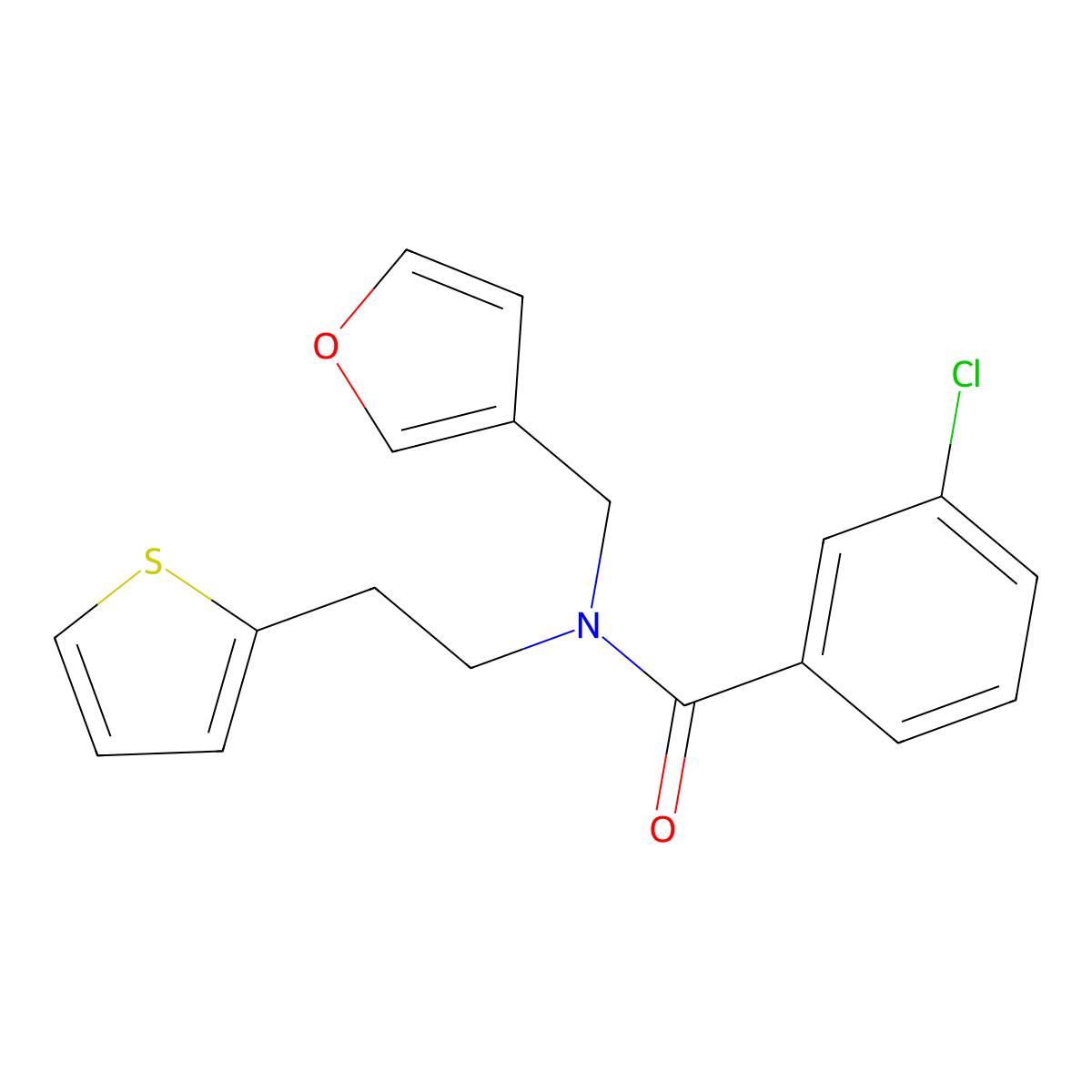 3-chloro-N-(furan-3-ylmethyl)-N-(2-(thiophen-2-yl)ethyl)benzamide molecular structure, CAS 1421507-92-7