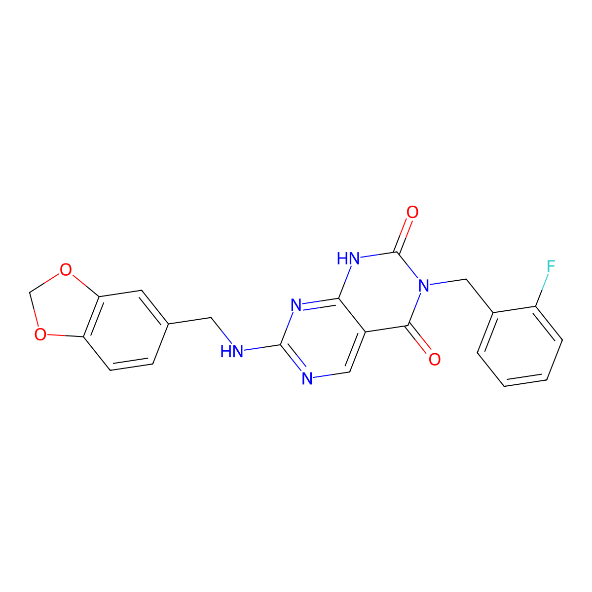 7-((benzo[d][1,3]dioxol-5-ylmethyl)amino)-3-(2-fluorobenzyl)pyrimido[4,5-d]pyrimidine-2,4(1H,3H)-dione molecular structure, CAS 1421507-93-8