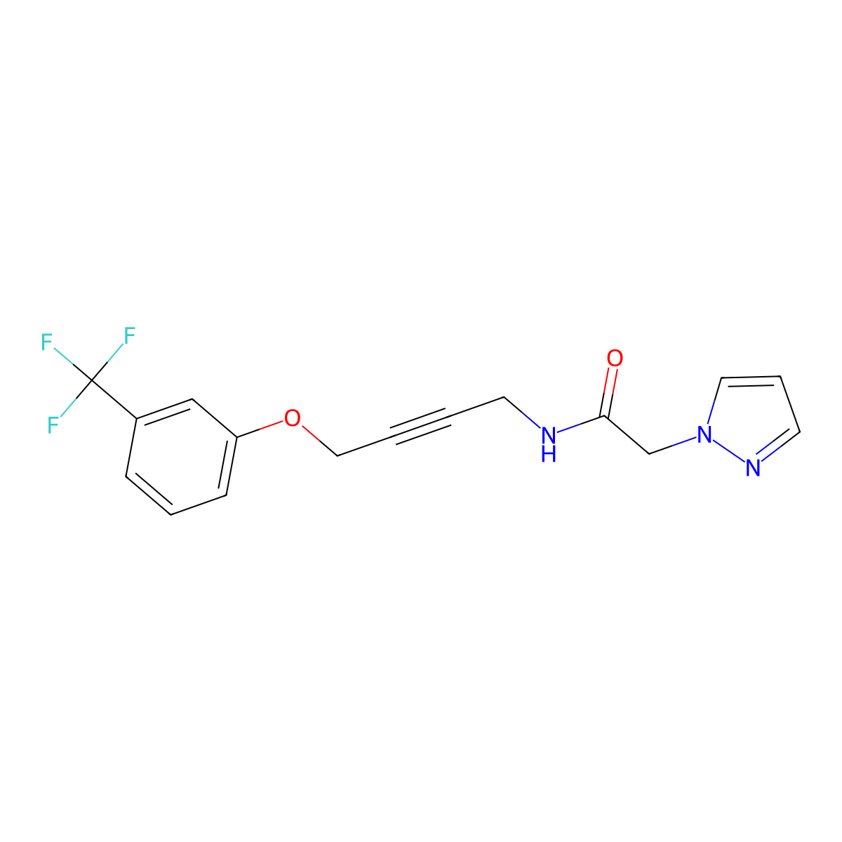 2-(1H-pyrazol-1-yl)-N-(4-(3-(trifluoromethyl)phenoxy)but-2-yn-1-yl)acetamide molecular structure, CAS 1421507-96-1