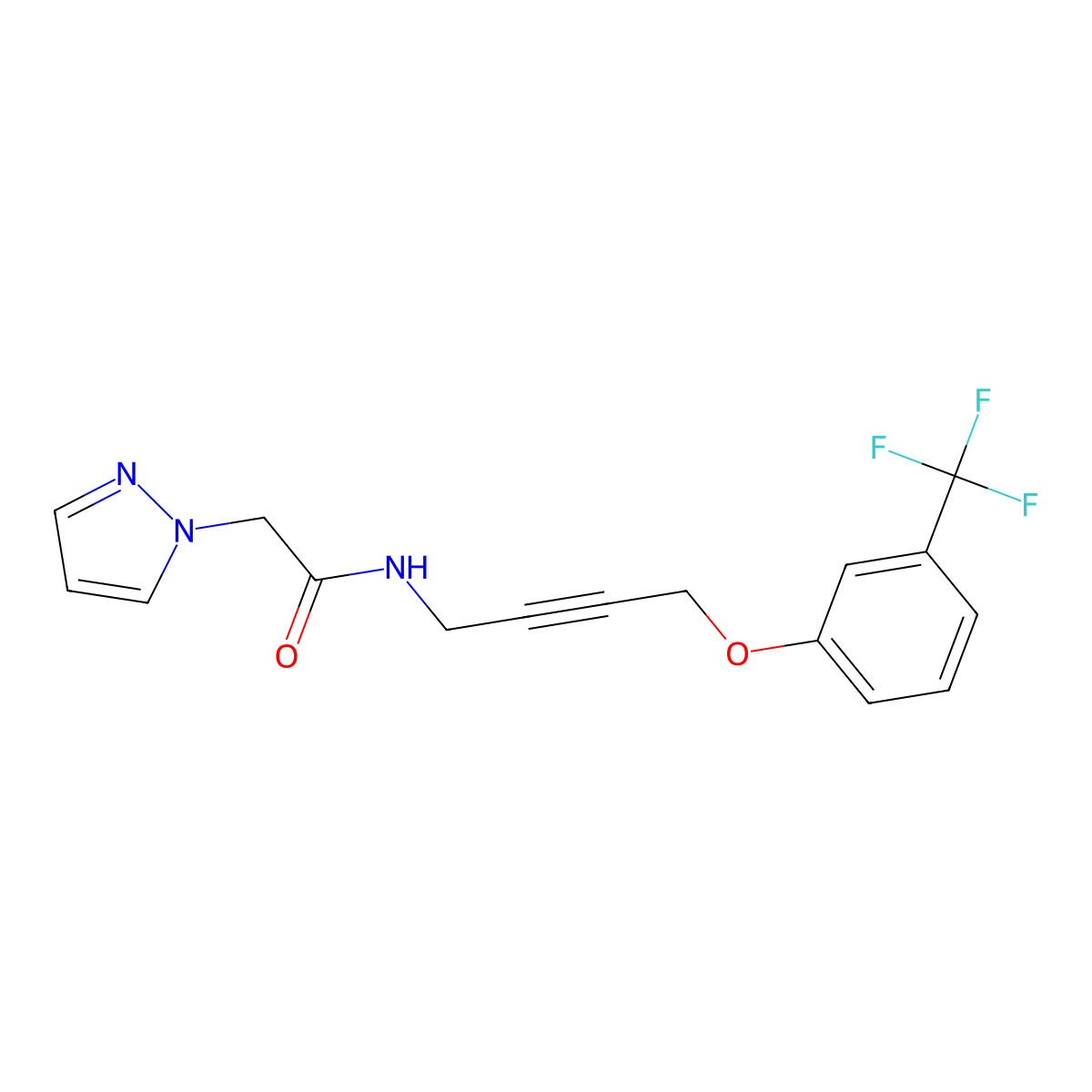 2-(1H-pyrazol-1-yl)-N-(4-(3-(trifluoromethyl)phenoxy)but-2-yn-1-yl)acetamide molecular structure, CAS 1421507-96-1