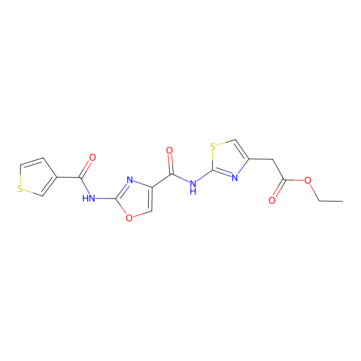 Ethyl 2-(2-(2-(thiophene-3-carboxamido)oxazole-4-carboxamido)thiazol-4-yl)acetate molecular structure, CAS 1421508-01-1