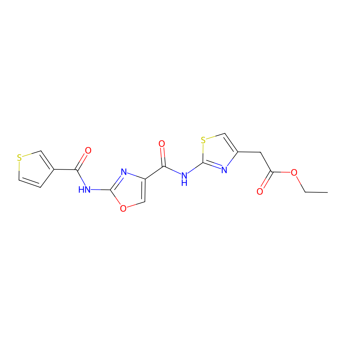 Ethyl 2-(2-(2-(thiophene-3-carboxamido)oxazole-4-carboxamido)thiazol-4-yl)acetate molecular structure, CAS 1421508-01-1