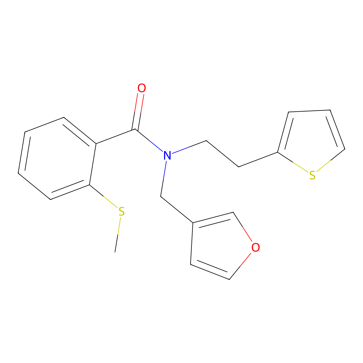 N-(furan-3-ylmethyl)-2-(methylthio)-N-(2-(thiophen-2-yl)ethyl)benzamide molecular structure, CAS 1421508-03-3