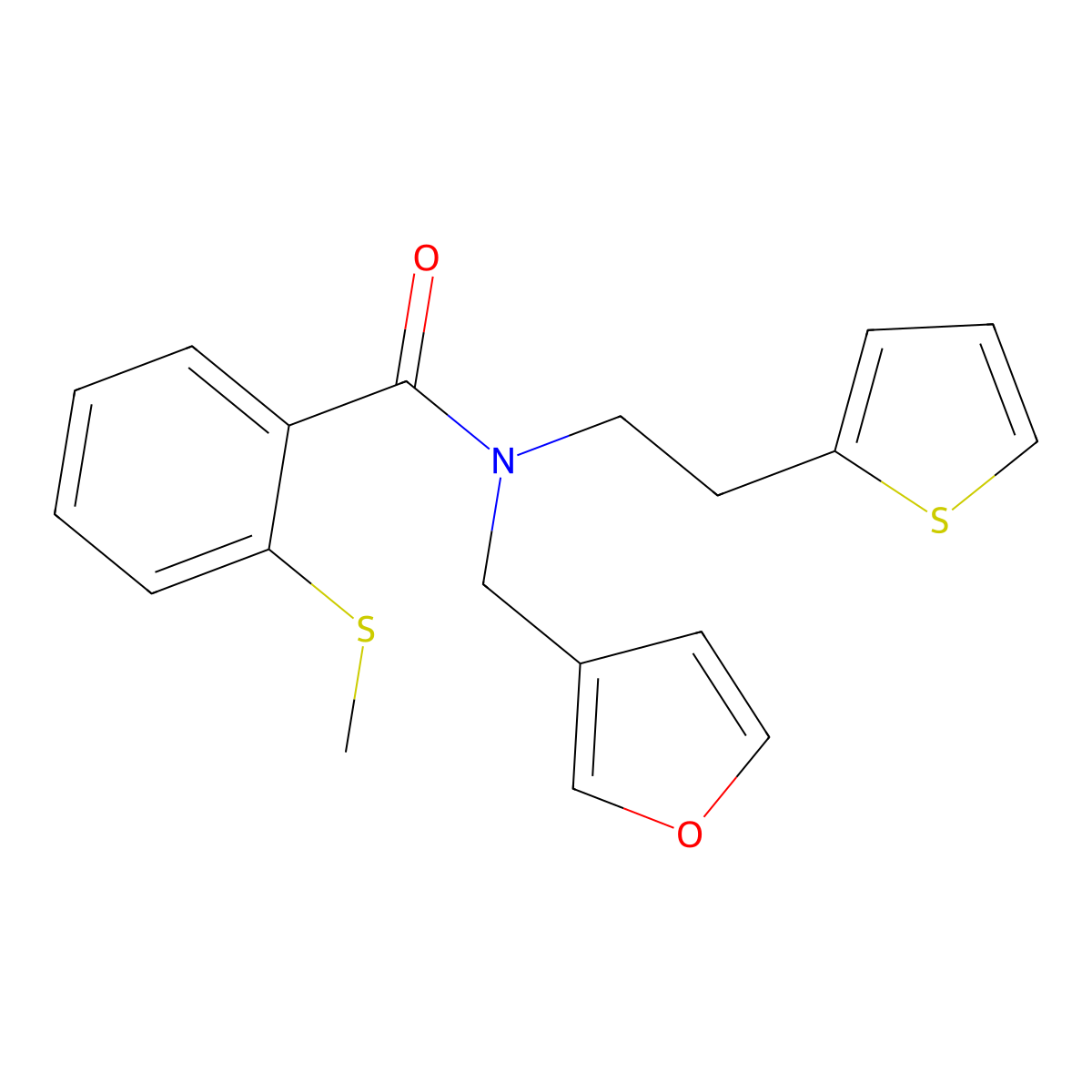 N-(furan-3-ylmethyl)-2-(methylthio)-N-(2-(thiophen-2-yl)ethyl)benzamide molecular structure, CAS 1421508-03-3