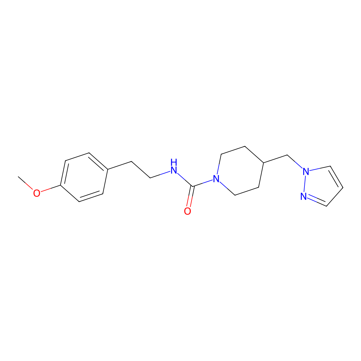 4-((1H-pyrazol-1-yl)methyl)-N-(4-methoxyphenethyl)piperidine-1-carboxamide molecular structure, CAS 1421508-09-9