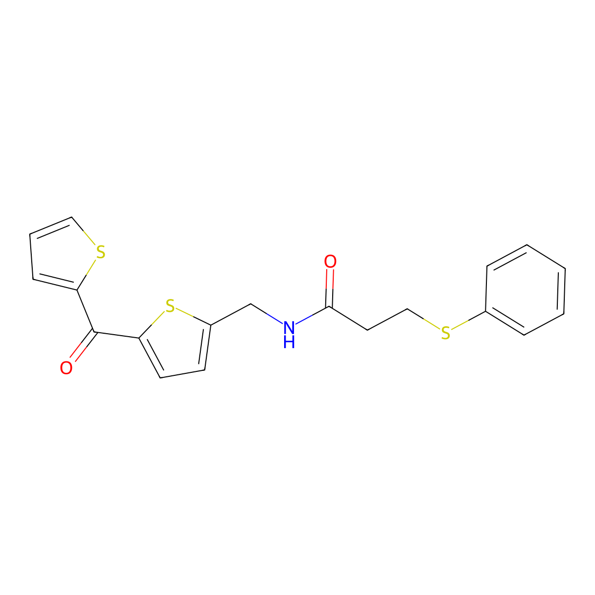 3-(phenylthio)-N-((5-(thiophene-2-carbonyl)thiophen-2-yl)methyl)propanamide molecular structure, CAS 1421508-34-0
