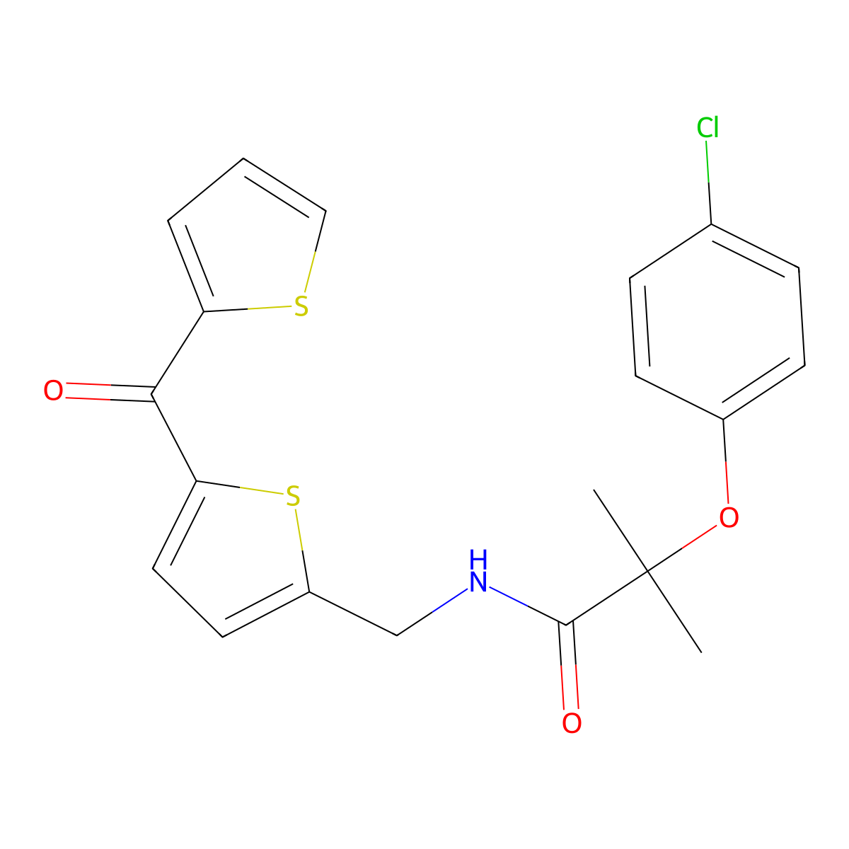 2-(4-Chlorophenoxy)-2-methyl-N-{[5-(thiophene-2-carbonyl)thiophen-2-YL]methyl}propanamide molecular structure, CAS 1421508-43-1