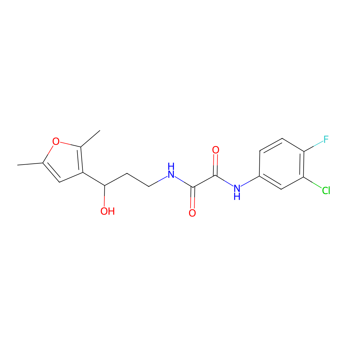 N1-(3-chloro-4-fluorophenyl)-N2-(3-(2,5-dimethylfuran-3-yl)-3-hydroxypropyl)oxalamide molecular structure, CAS 1421508-85-1