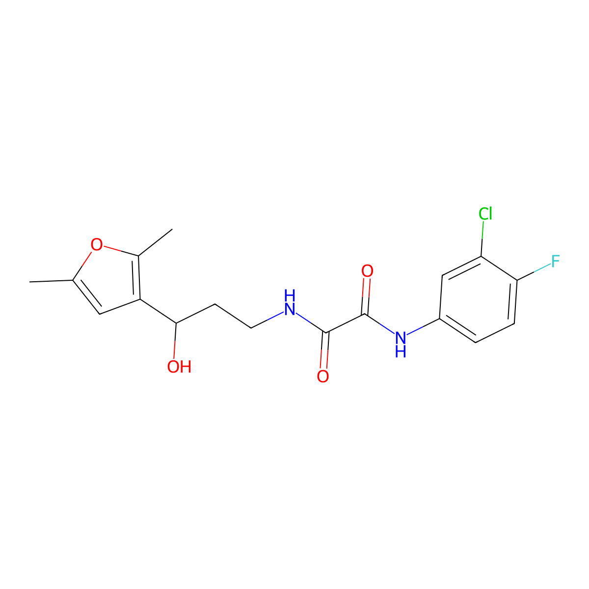 N1-(3-chloro-4-fluorophenyl)-N2-(3-(2,5-dimethylfuran-3-yl)-3-hydroxypropyl)oxalamide molecular structure, CAS 1421508-85-1