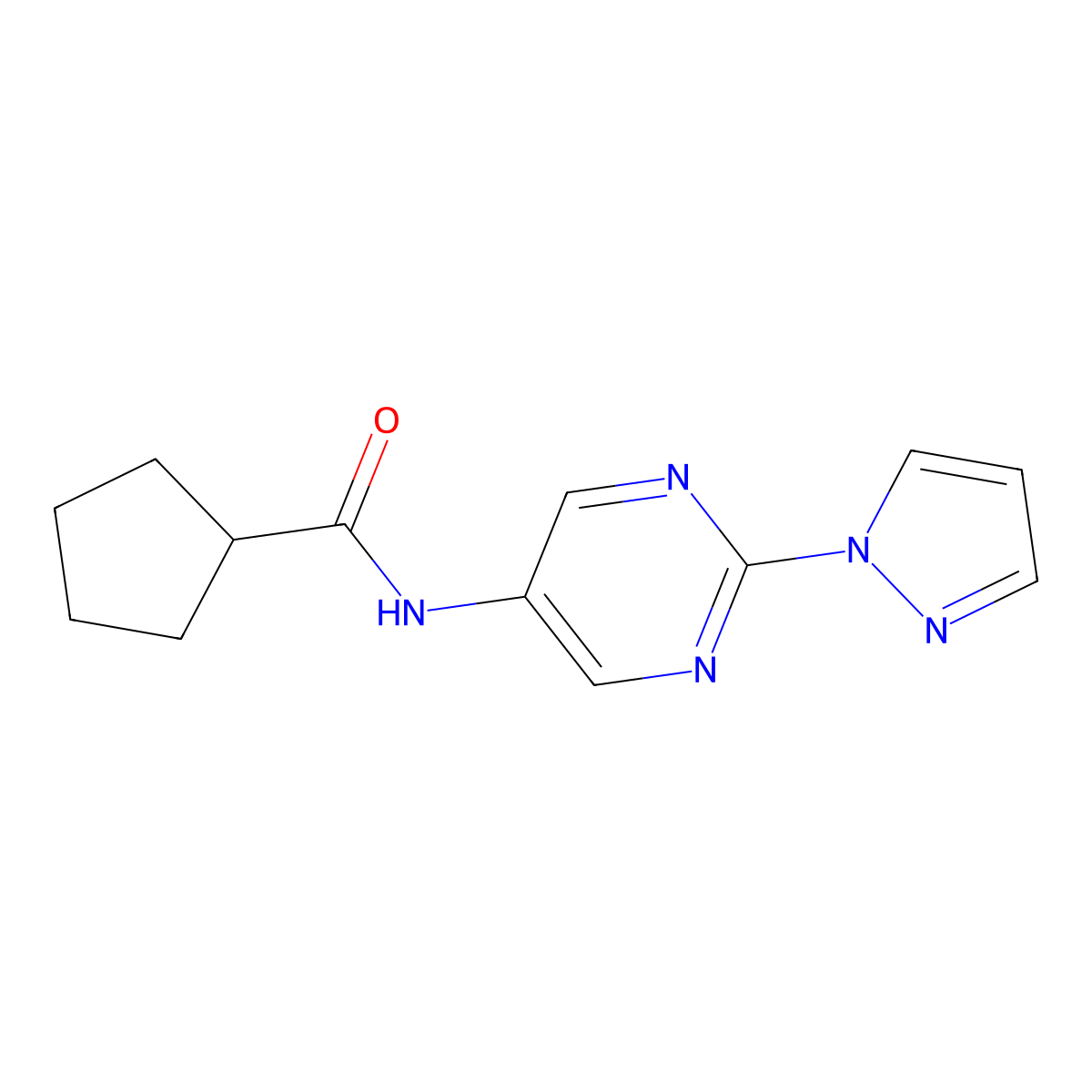 N-(2-(1H-pyrazol-1-yl)pyrimidin-5-yl)cyclopentanecarboxamide molecular structure, CAS 1421508-88-4