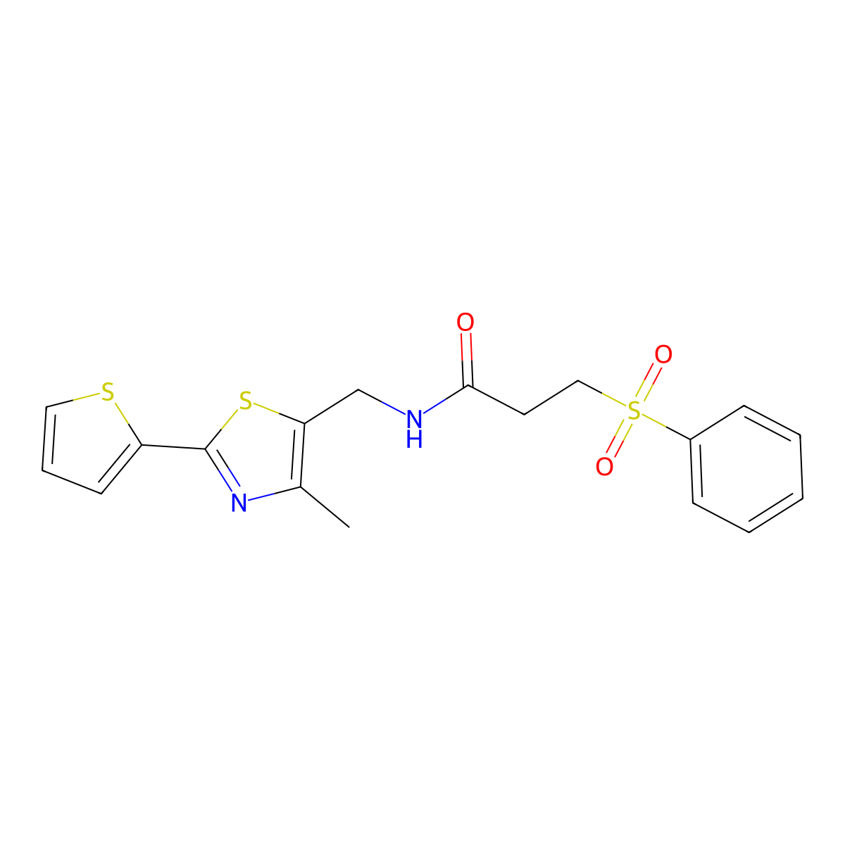 N-((4-methyl-2-(thiophen-2-yl)thiazol-5-yl)methyl)-3-(phenylsulfonyl)propanamide molecular structure, CAS 1421508-98-6