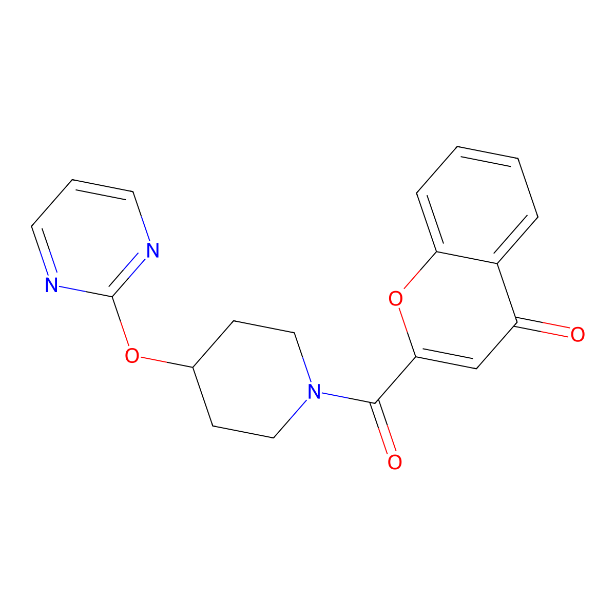 2-[4-(pyrimidin-2-yloxy)piperidine-1-carbonyl]-4H-chromen-4-one molecular structure, CAS 1421509-00-3