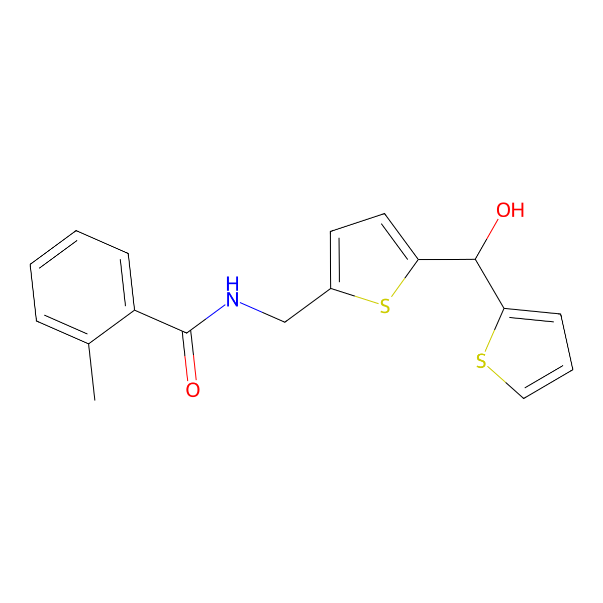 N-((5-(hydroxy(thiophen-2-yl)methyl)thiophen-2-yl)methyl)-2-methylbenzamide molecular structure, CAS 1421509-04-7