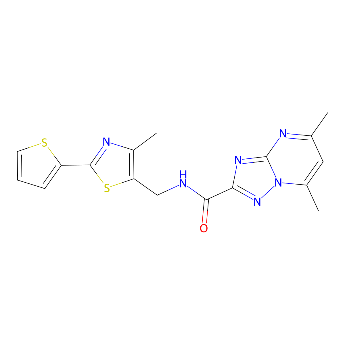 5,7-dimethyl-N-((4-methyl-2-(thiophen-2-yl)thiazol-5-yl)methyl)-[1,2,4]triazolo[1,5-a]pyrimidine-2-carboxamide molecular structure, CAS 1421509-09-2