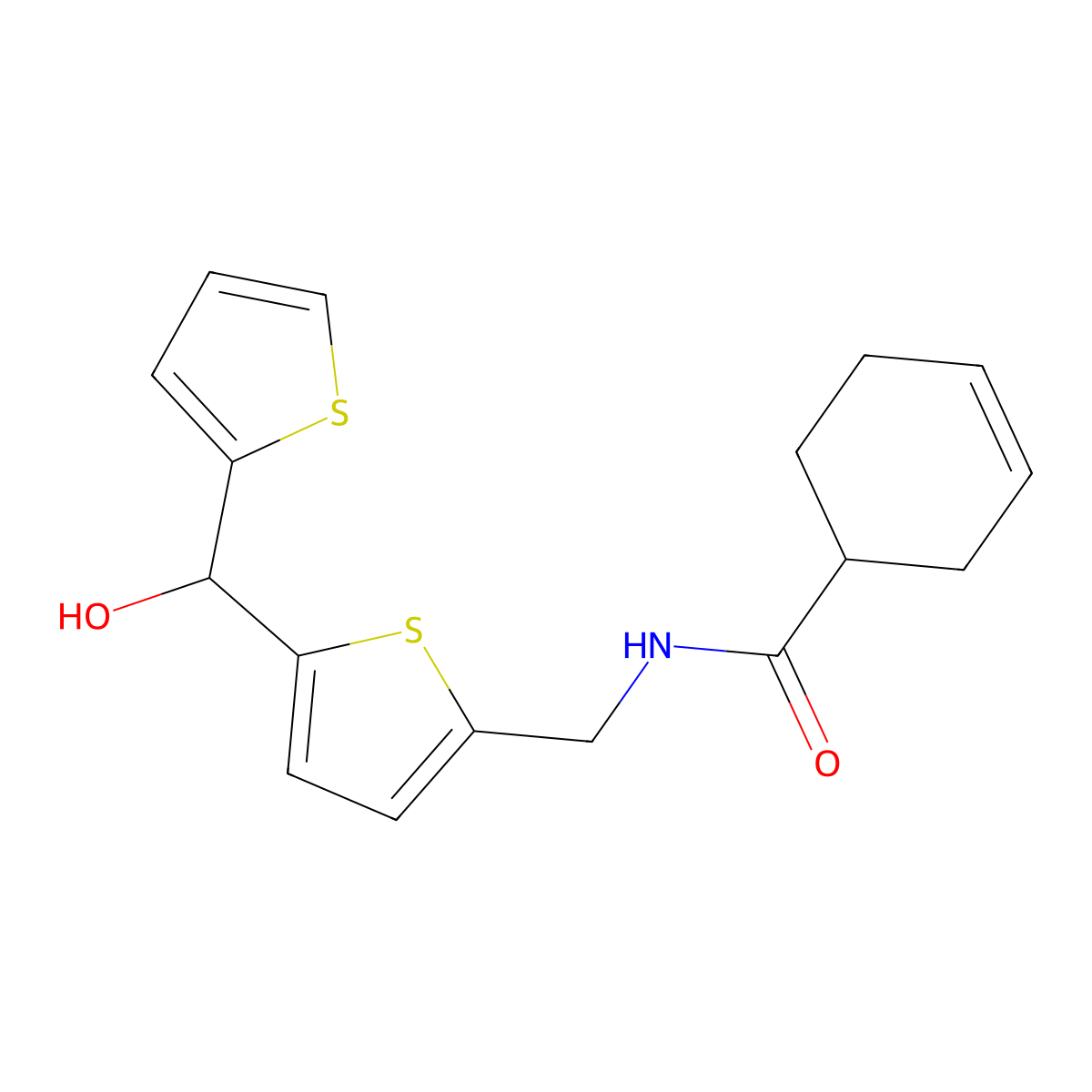 N-((5-(hydroxy(thiophen-2-yl)methyl)thiophen-2-yl)methyl)cyclohex-3-enecarboxamide molecular structure, CAS 1421509-12-7