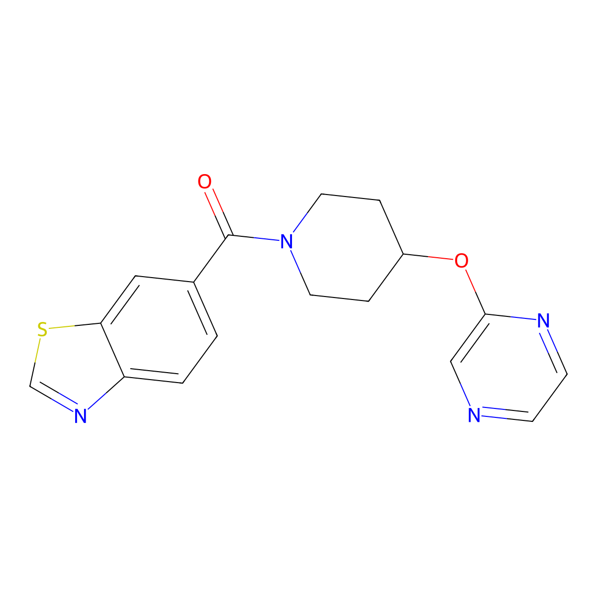 Benzo[d]thiazol-6-yl(4-(pyrazin-2-yloxy)piperidin-1-yl)methanone molecular structure, CAS 1421509-13-8