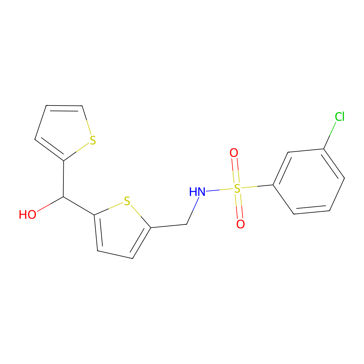 3-chloro-N-((5-(hydroxy(thiophen-2-yl)methyl)thiophen-2-yl)methyl)benzenesulfonamide molecular structure, CAS 1421509-17-2