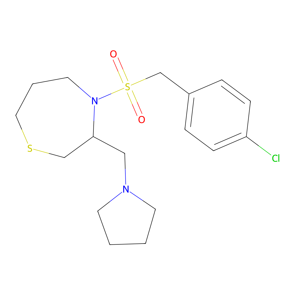 4-((4-Chlorobenzyl)sulfonyl)-3-(pyrrolidin-1-ylmethyl)-1,4-thiazepane molecular structure, CAS 1421509-23-0