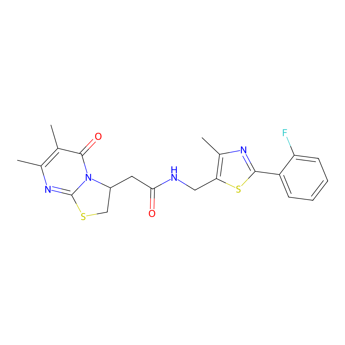 2-(6,7-dimethyl-5-oxo-3,5-dihydro-2H-thiazolo[3,2-a]pyrimidin-3-yl)-N-((2-(2-fluorophenyl)-4-methylthiazol-5-yl)methyl)acetamide molecular structure, CAS 1421509-25-2