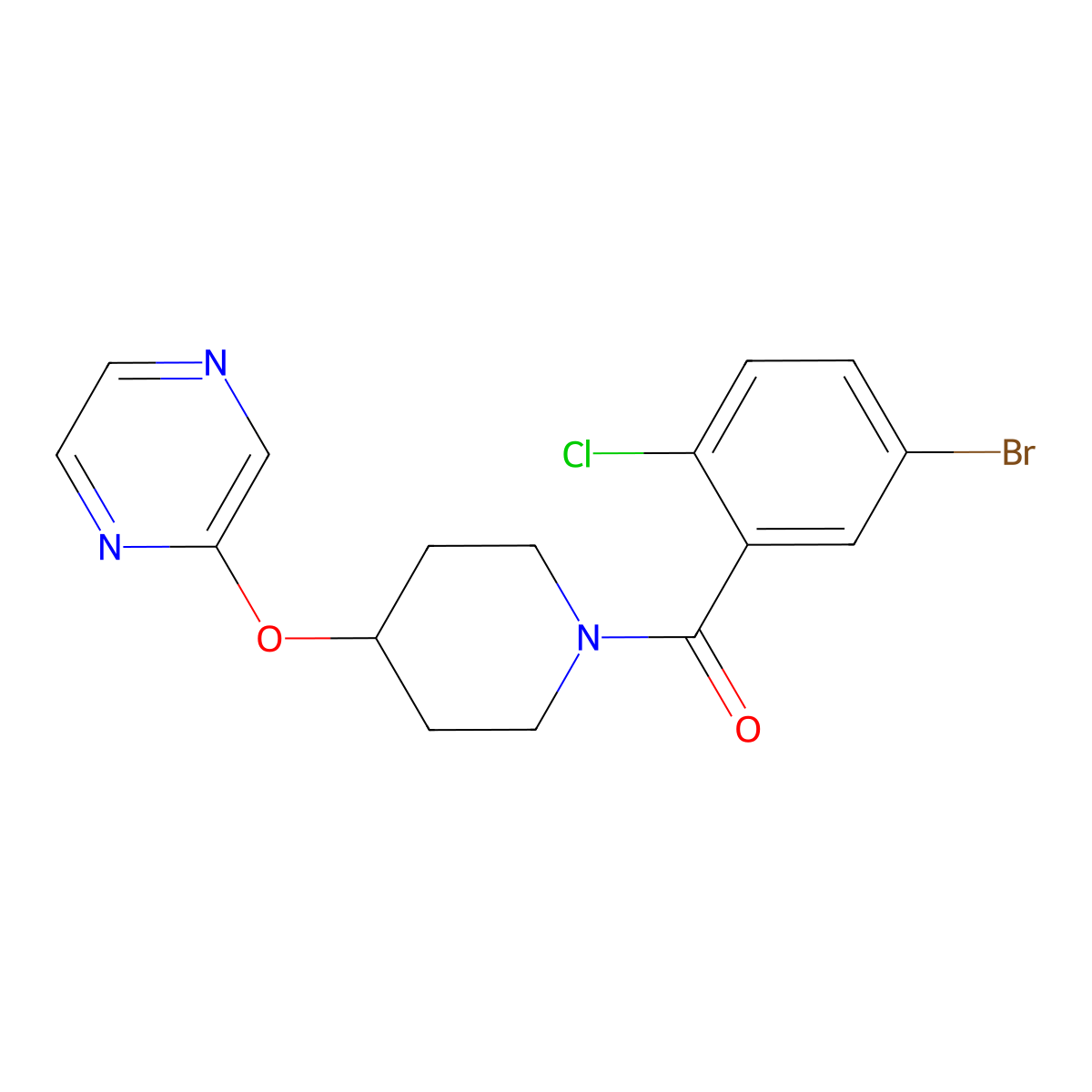 (5-Bromo-2-chlorophenyl)(4-(pyrazin-2-yloxy)piperidin-1-yl)methanone molecular structure, CAS 1421509-36-5