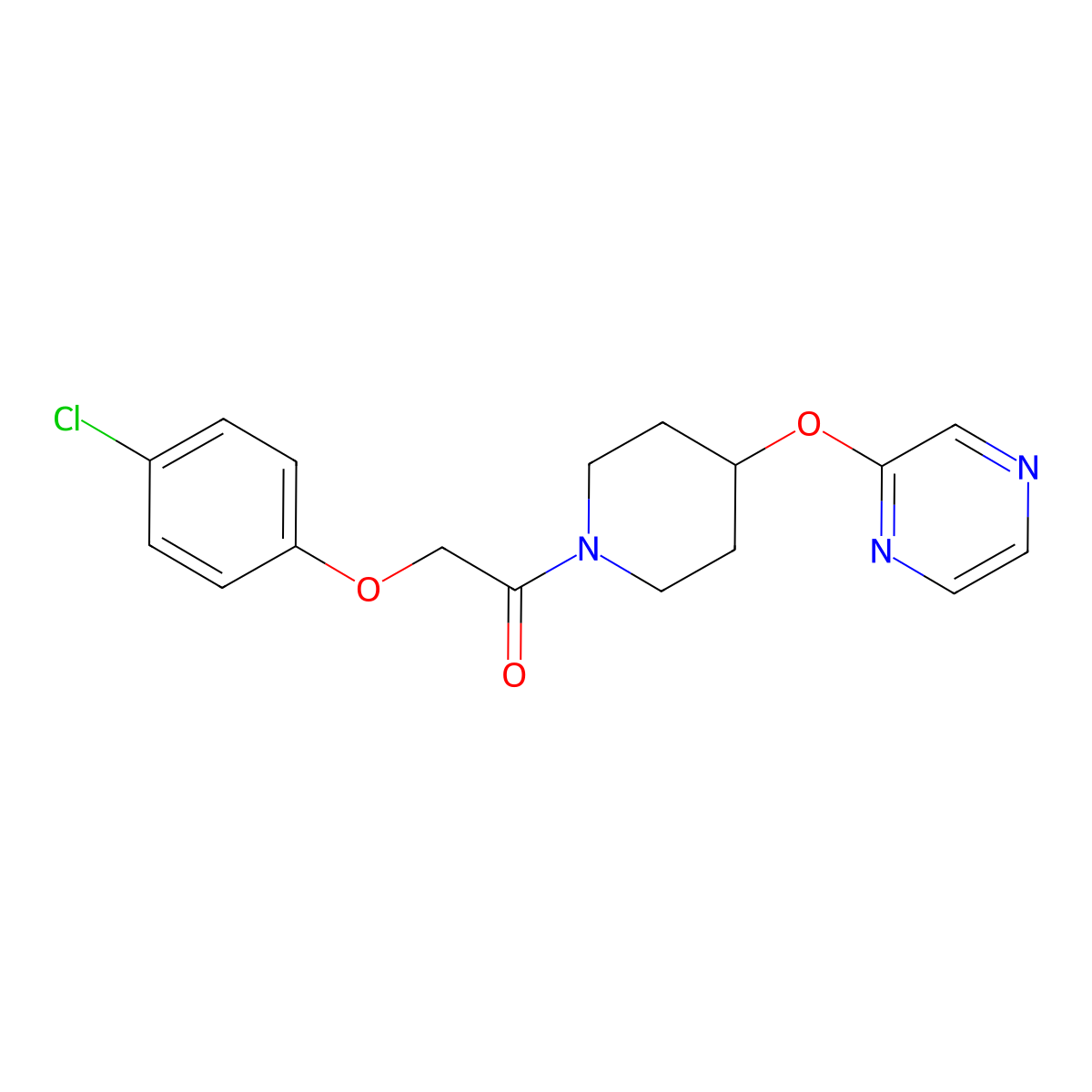 2-(4-Chlorophenoxy)-1-(4-(pyrazin-2-yloxy)piperidin-1-yl)ethanone molecular structure, CAS 1421509-42-3