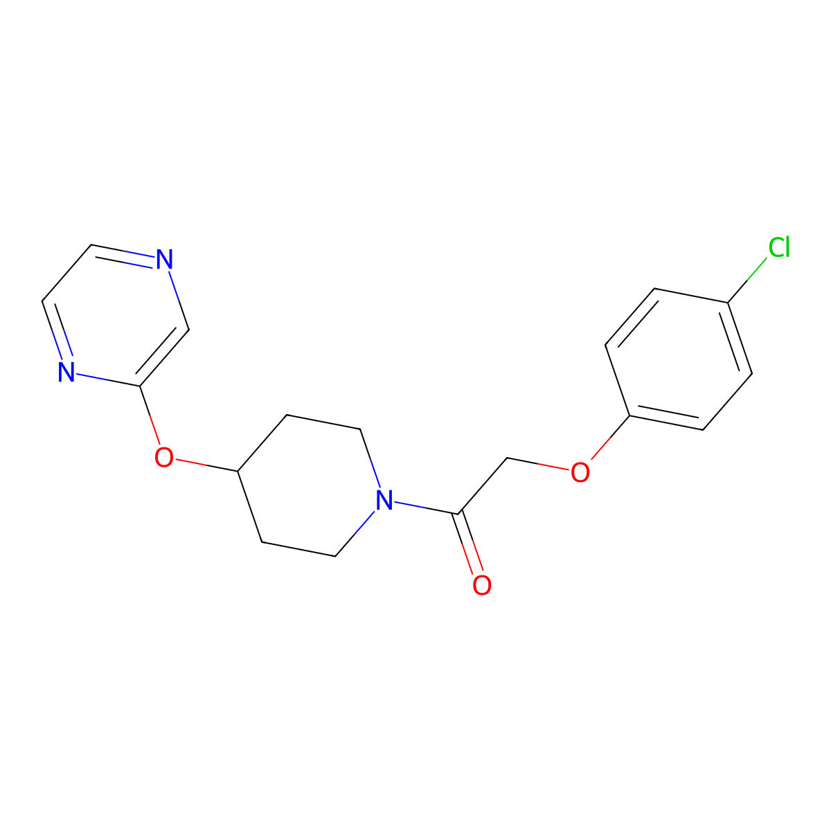 2-(4-Chlorophenoxy)-1-(4-(pyrazin-2-yloxy)piperidin-1-yl)ethanone molecular structure, CAS 1421509-42-3