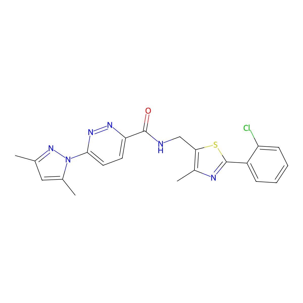 N-((2-(2-chlorophenyl)-4-methylthiazol-5-yl)methyl)-6-(3,5-dimethyl-1H-pyrazol-1-yl)pyridazine-3-carboxamide molecular structure, CAS 1421509-56-9
