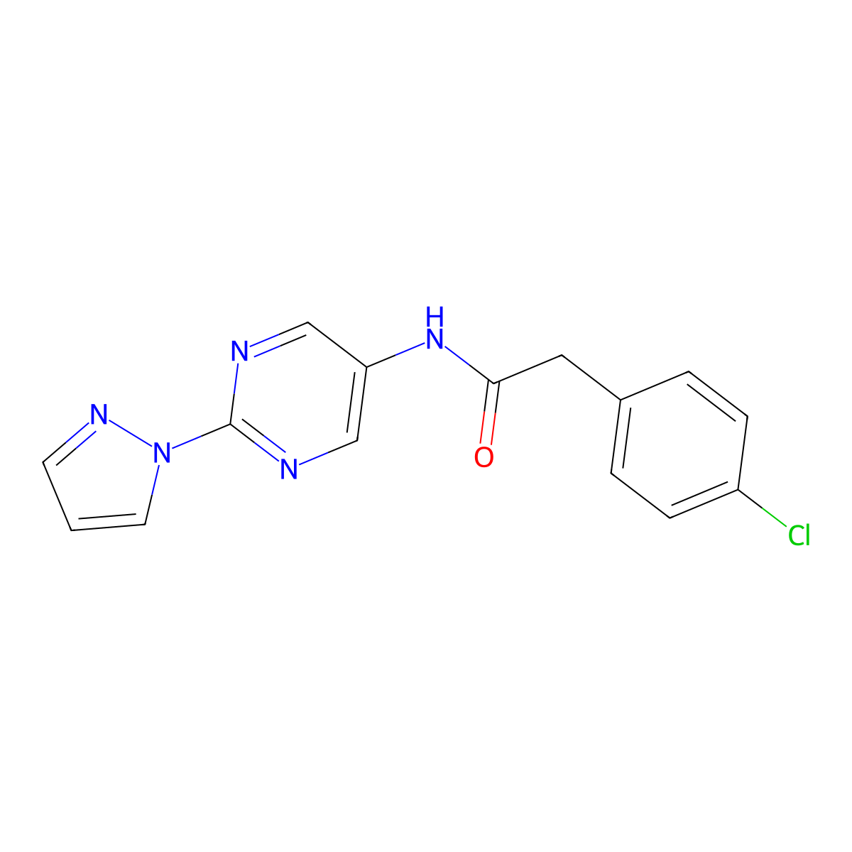 2-(4-chlorophenyl)-N-[2-(1H-pyrazol-1-yl)pyrimidin-5-yl]acetamide molecular structure, CAS 1421509-62-7