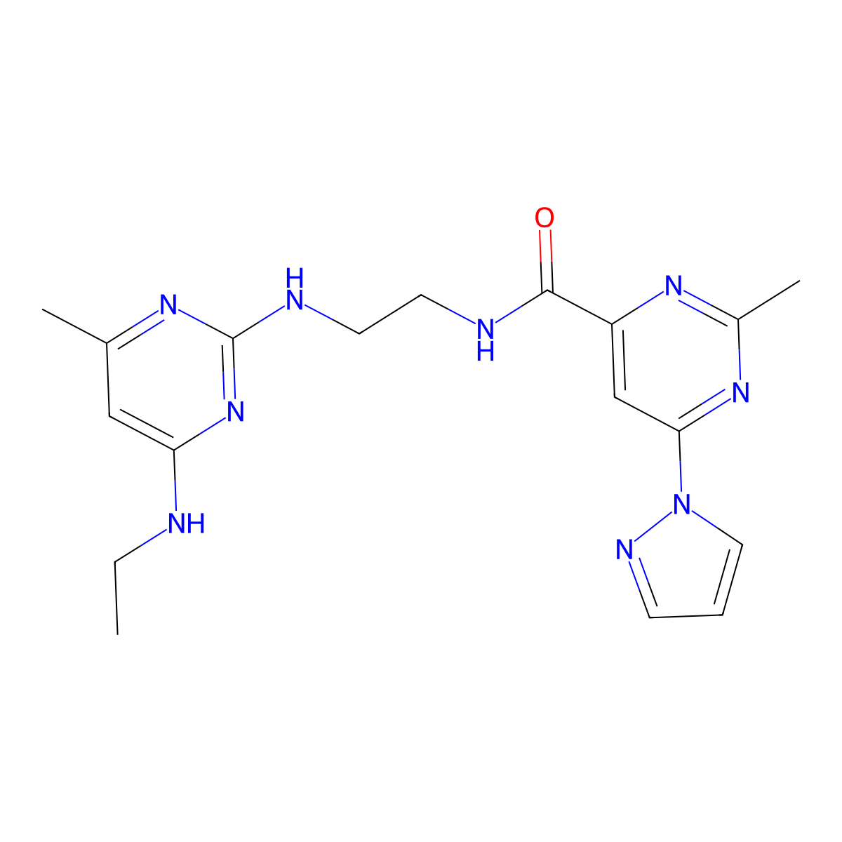 N-(2-{[4-(ethylamino)-6-methylpyrimidin-2-yl]amino}ethyl)-2-methyl-6-(1H-pyrazol-1-yl)pyrimidine-4-carboxamide molecular structure, CAS 1421509-64-9