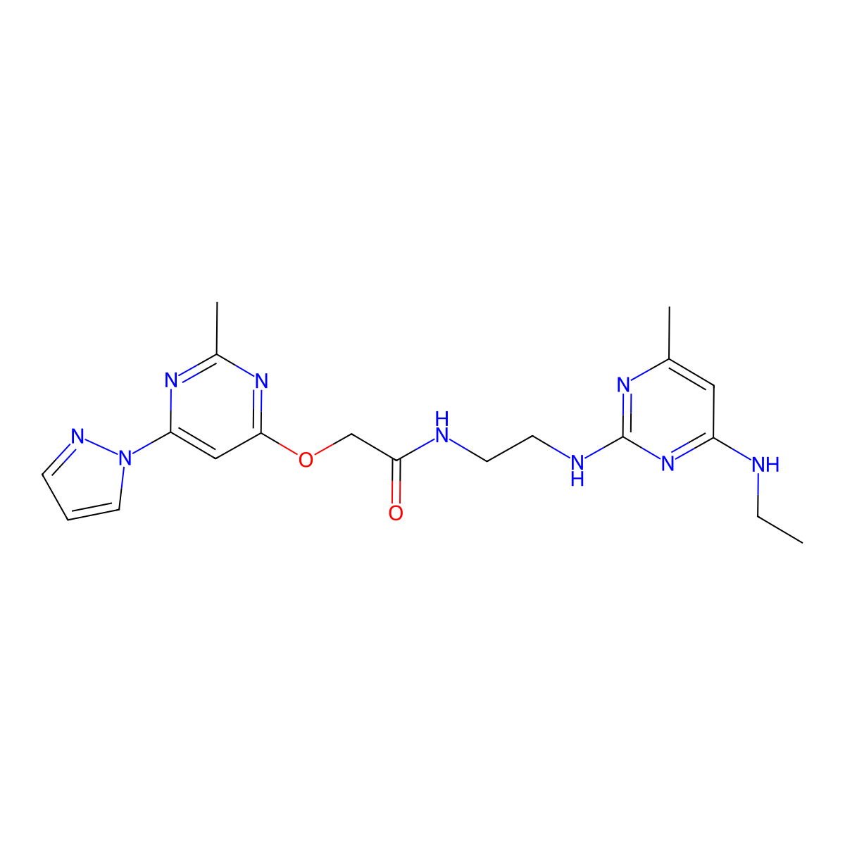N-(2-((4-(ethylamino)-6-methylpyrimidin-2-yl)amino)ethyl)-2-((2-methyl-6-(1H-pyrazol-1-yl)pyrimidin-4-yl)oxy)acetamide molecular structure, CAS 1421509-70-7