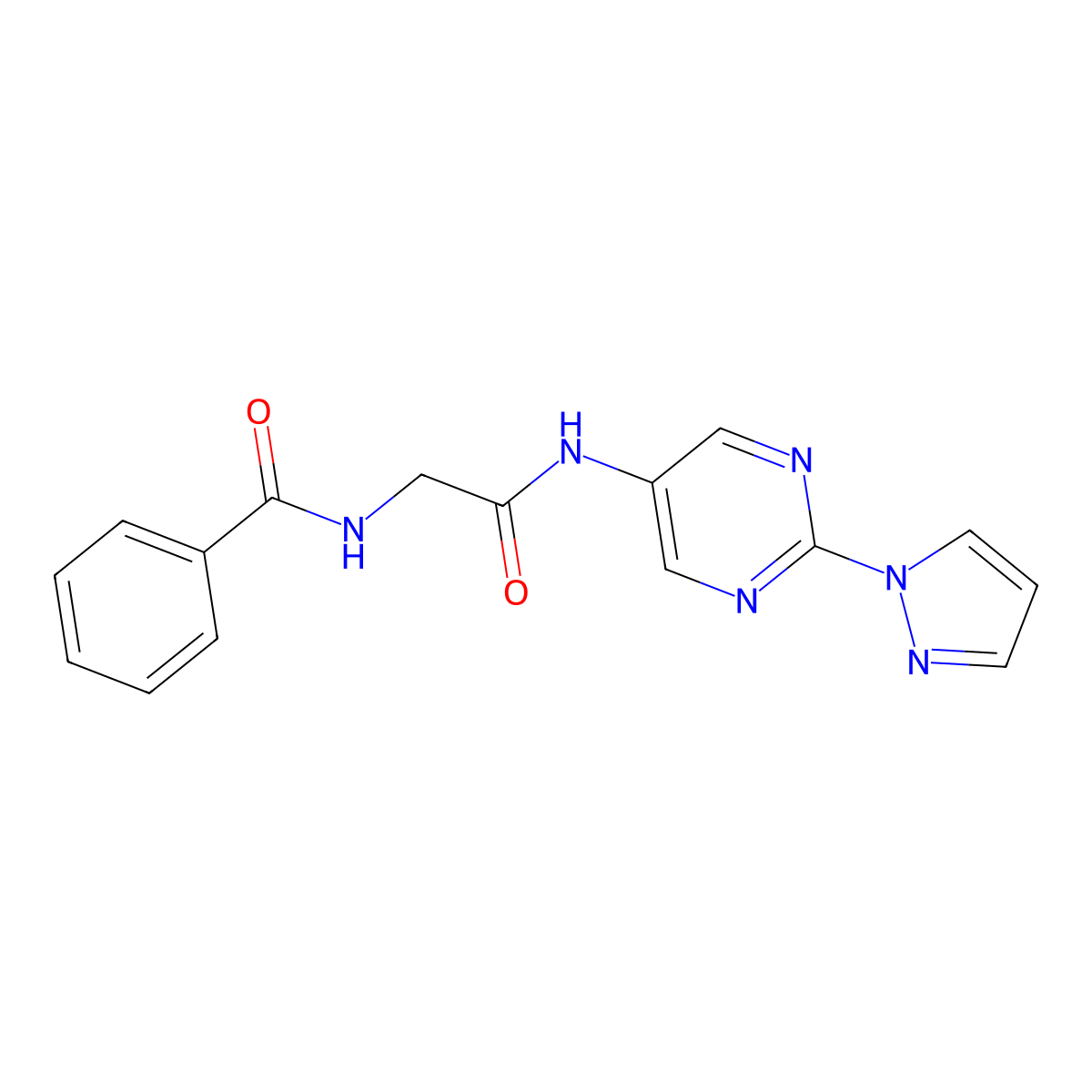 N-(2-((2-(1H-pyrazol-1-yl)pyrimidin-5-yl)amino)-2-oxoethyl)benzamide molecular structure, CAS 1421509-72-9
