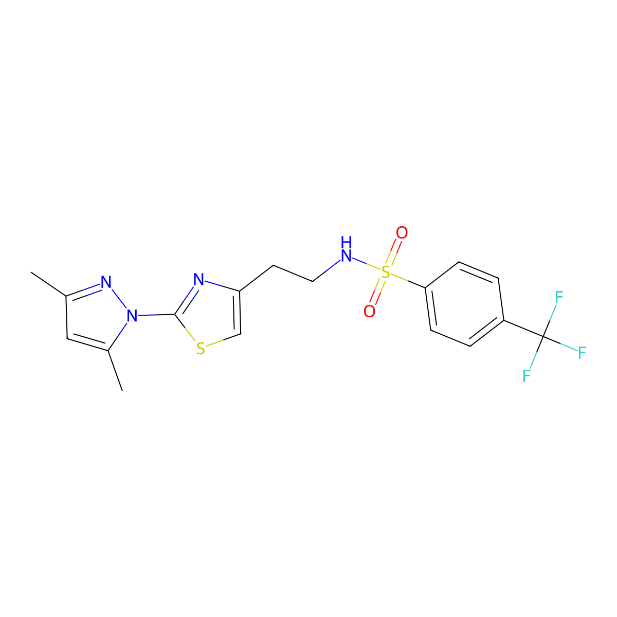 N-(2-(2-(3,5-dimethyl-1H-pyrazol-1-yl)thiazol-4-yl)ethyl)-4-(trifluoromethyl)benzenesulfonamide molecular structure, CAS 1421509-79-6
