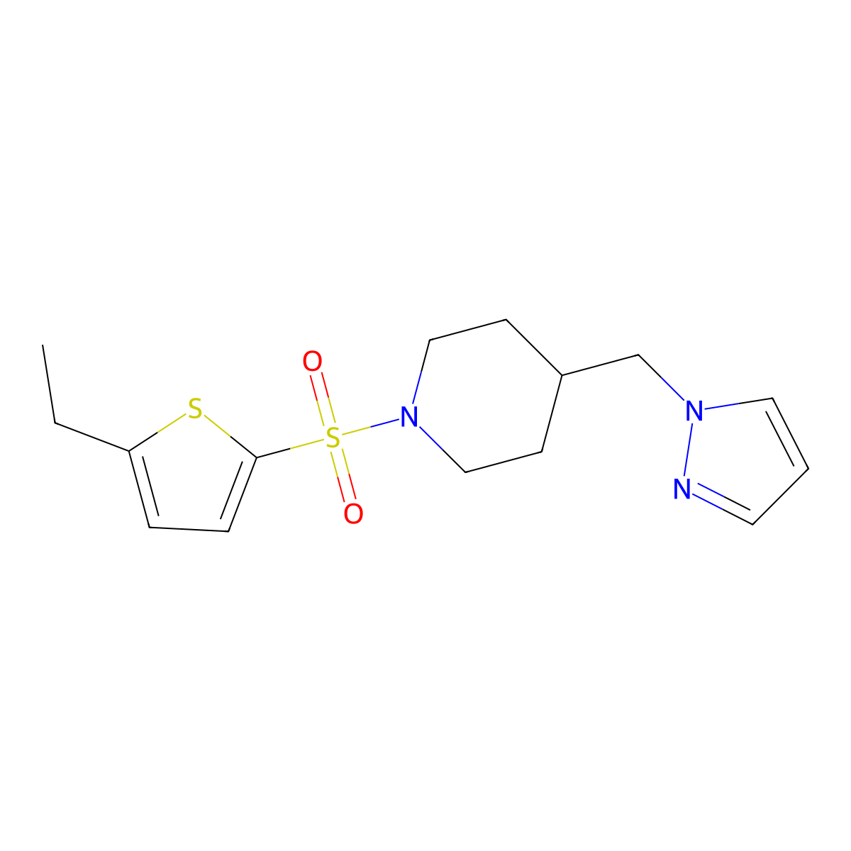 4-((1H-pyrazol-1-yl)methyl)-1-((5-ethylthiophen-2-yl)sulfonyl)piperidine molecular structure, CAS 1421509-86-5