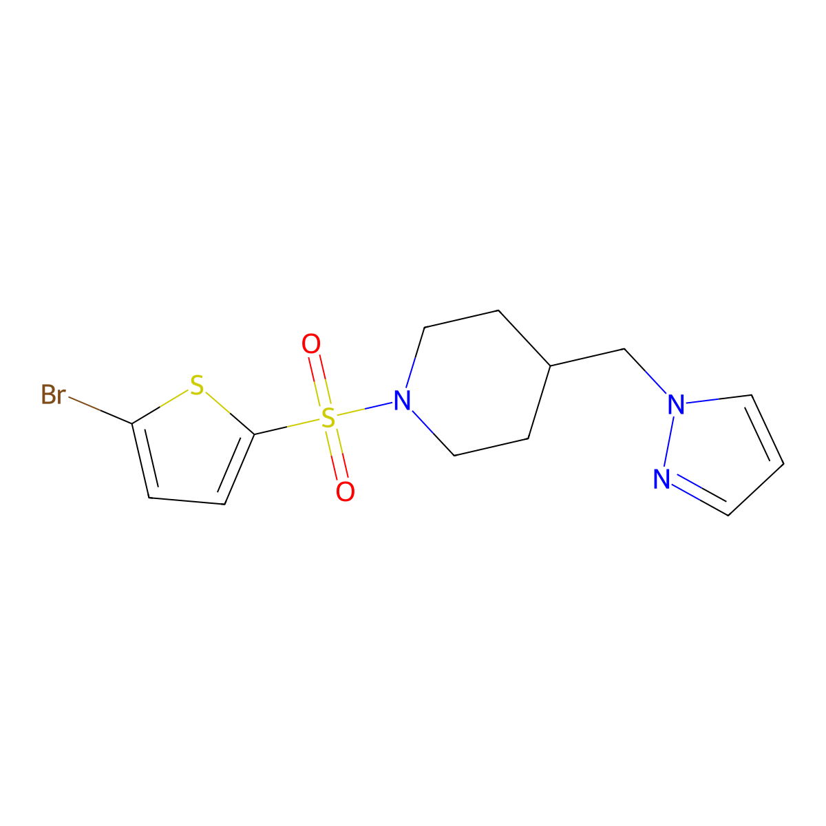 4-((1H-pyrazol-1-yl)methyl)-1-((5-bromothiophen-2-yl)sulfonyl)piperidine molecular structure, CAS 1421509-90-1