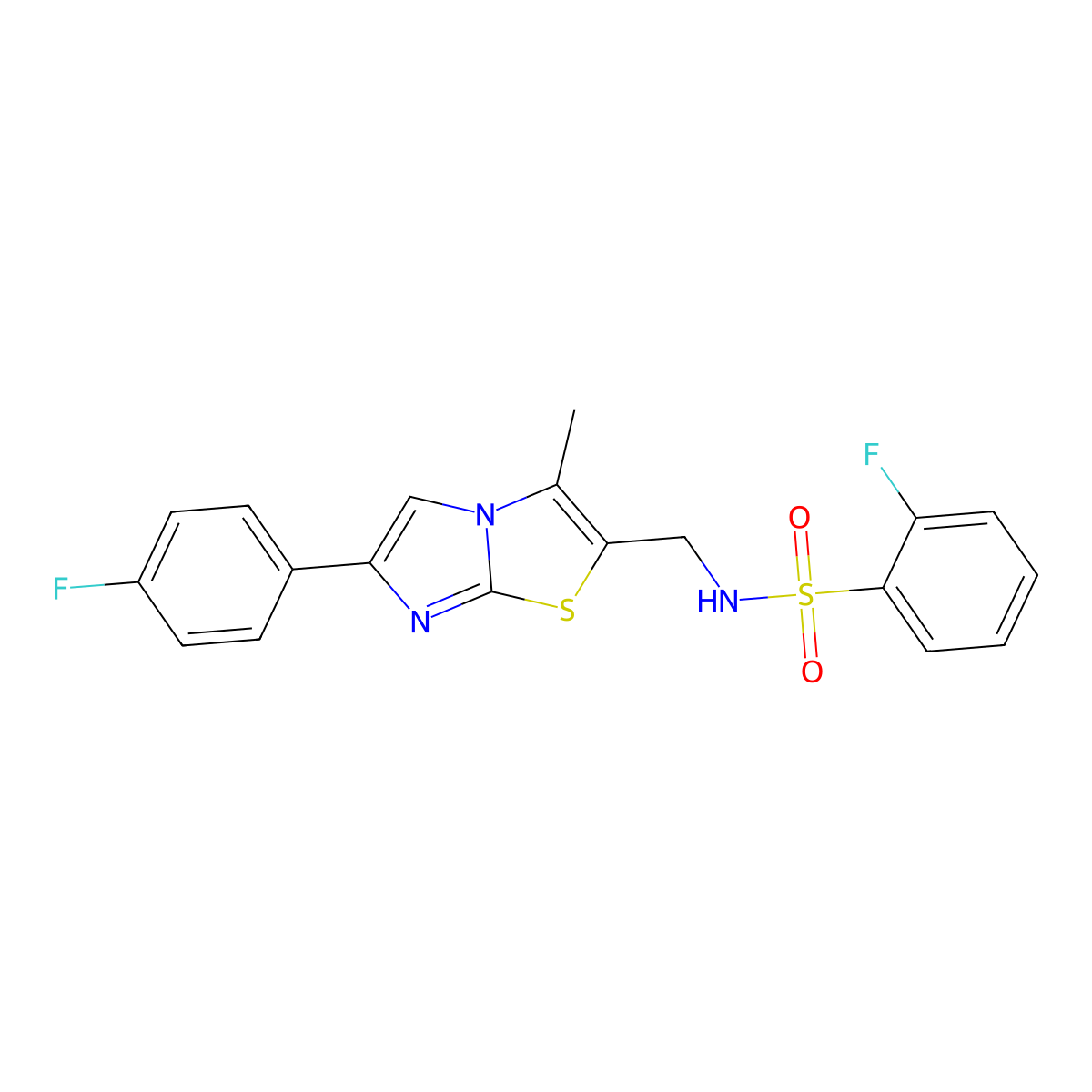 2-fluoro-N-((6-(4-fluorophenyl)-3-methylimidazo[2,1-b]thiazol-2-yl)methyl)benzenesulfonamide molecular structure, CAS 1421509-91-2