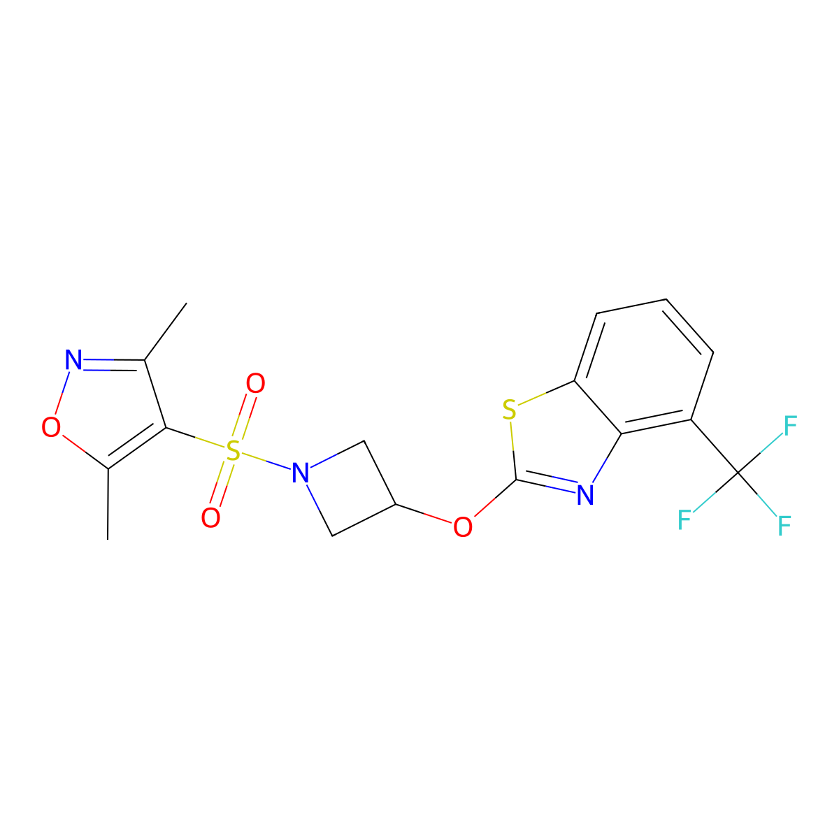 2-({1-[(3,5-Dimethyl-1,2-oxazol-4-yl)sulfonyl]azetidin-3-yl}oxy)-4-(trifluoromethyl)-1,3-benzothiazole molecular structure, CAS 1421509-99-0