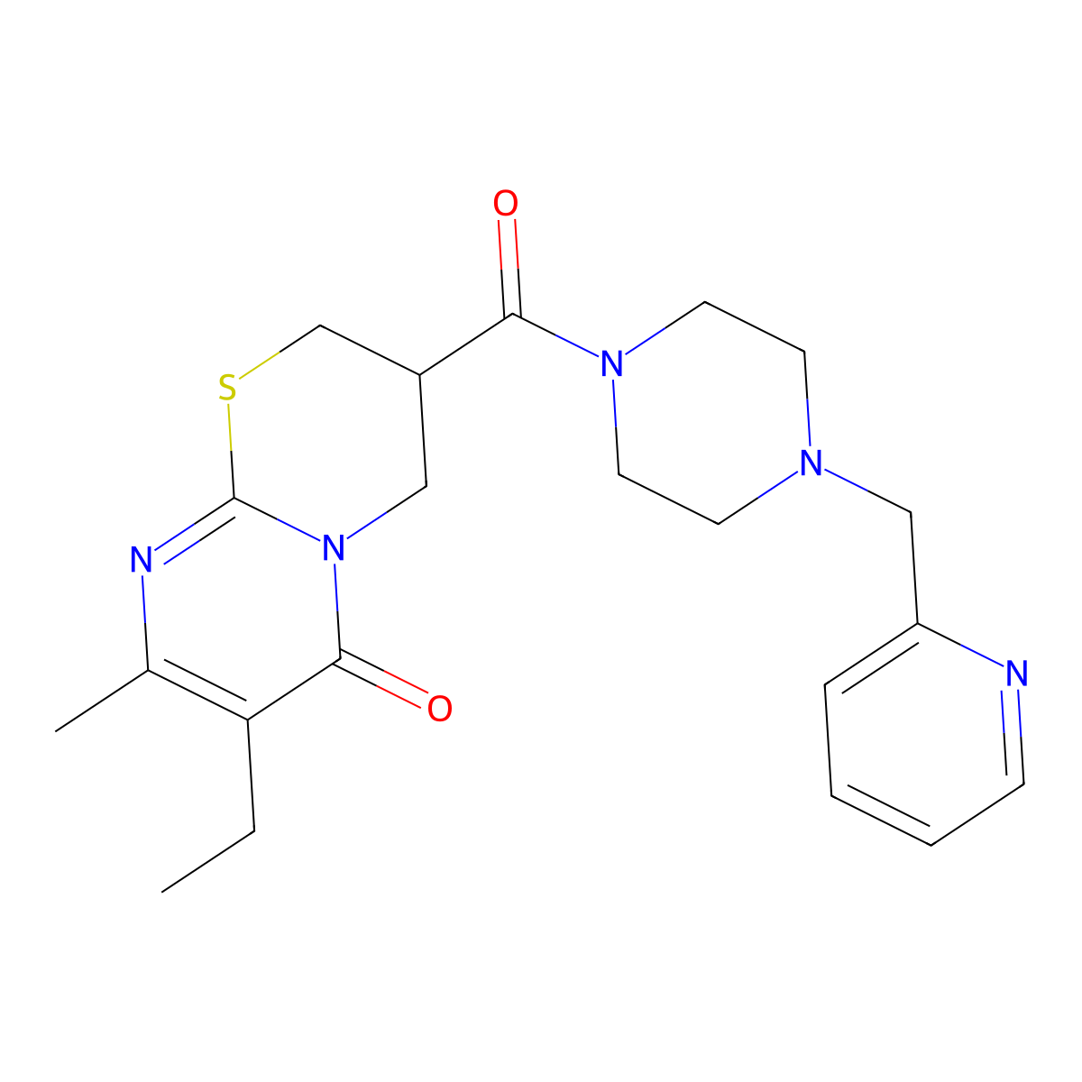 7-ethyl-8-methyl-3-(4-(pyridin-2-ylmethyl)piperazine-1-carbonyl)-3,4-dihydropyrimido[2,1-b][1,3]thiazin-6(2H)-one molecular structure, CAS 1421510-15-7