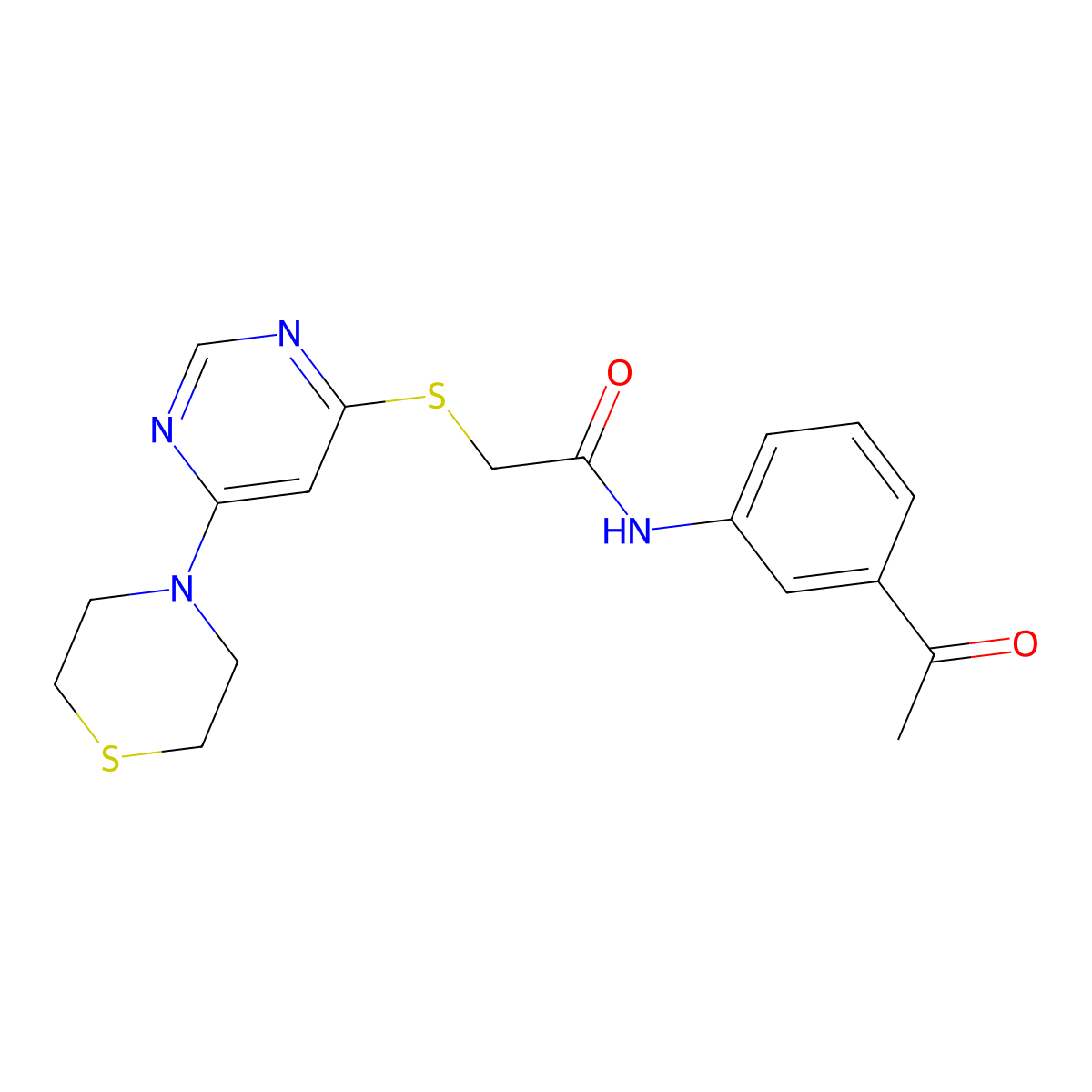 N-(3-acetylphenyl)-2-((6-thiomorpholinopyrimidin-4-yl)thio)acetamide molecular structure, CAS 1421512-34-6