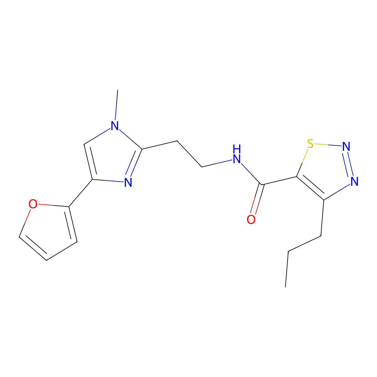N-(2-(4-(furan-2-yl)-1-methyl-1H-imidazol-2-yl)ethyl)-4-propyl-1,2,3-thiadiazole-5-carboxamide molecular structure, CAS 1421512-37-9