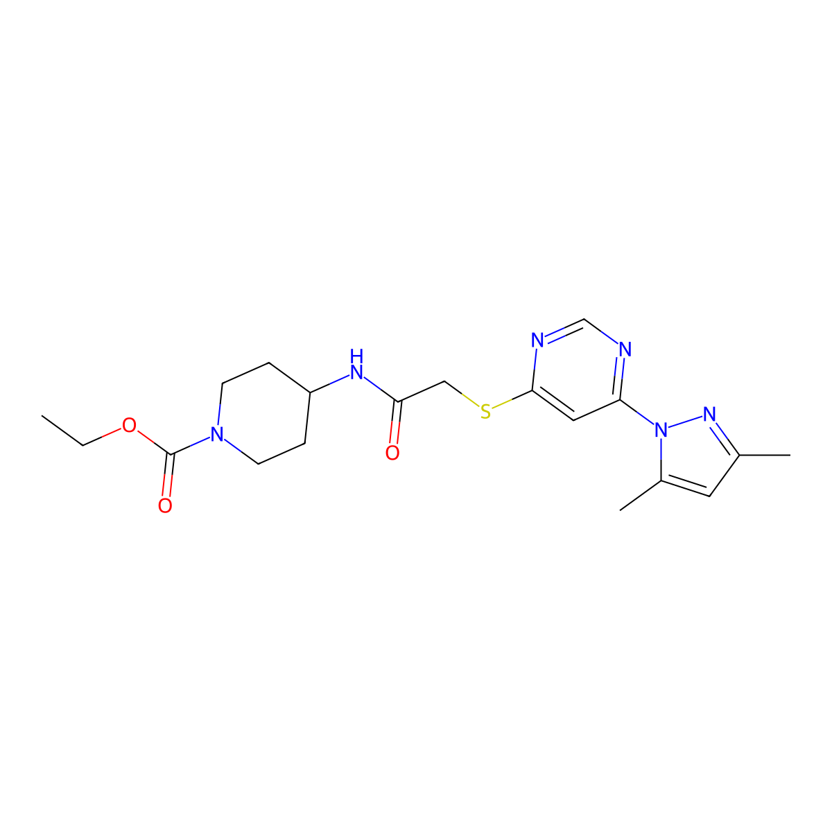 ethyl 4-(2-((6-(3,5-dimethyl-1H-pyrazol-1-yl)pyrimidin-4-yl)thio)acetamido)piperidine-1-carboxylate molecular structure, CAS 1421512-40-4
