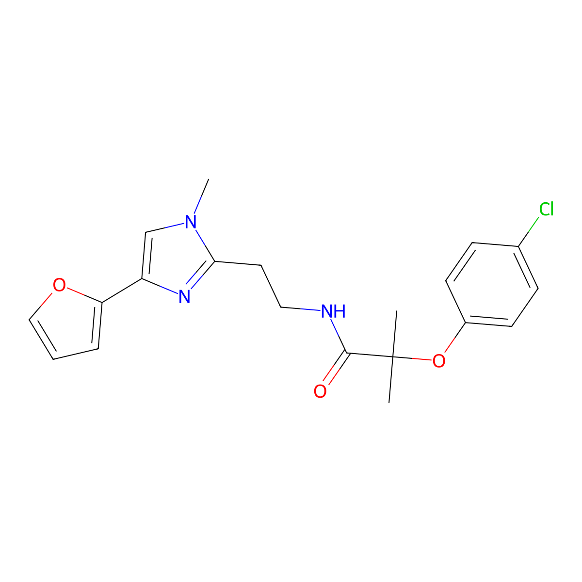 2-(4-chlorophenoxy)-N-(2-(4-(furan-2-yl)-1-methyl-1H-imidazol-2-yl)ethyl)-2-methylpropanamide molecular structure, CAS 1421512-47-1