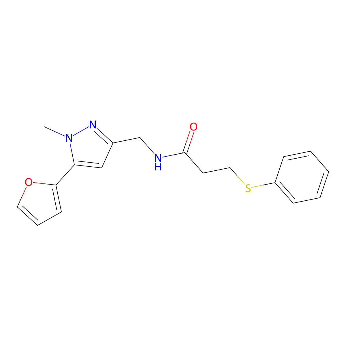 N-((5-(furan-2-yl)-1-methyl-1H-pyrazol-3-yl)methyl)-3-(phenylthio)propanamide molecular structure, CAS 1421512-66-4