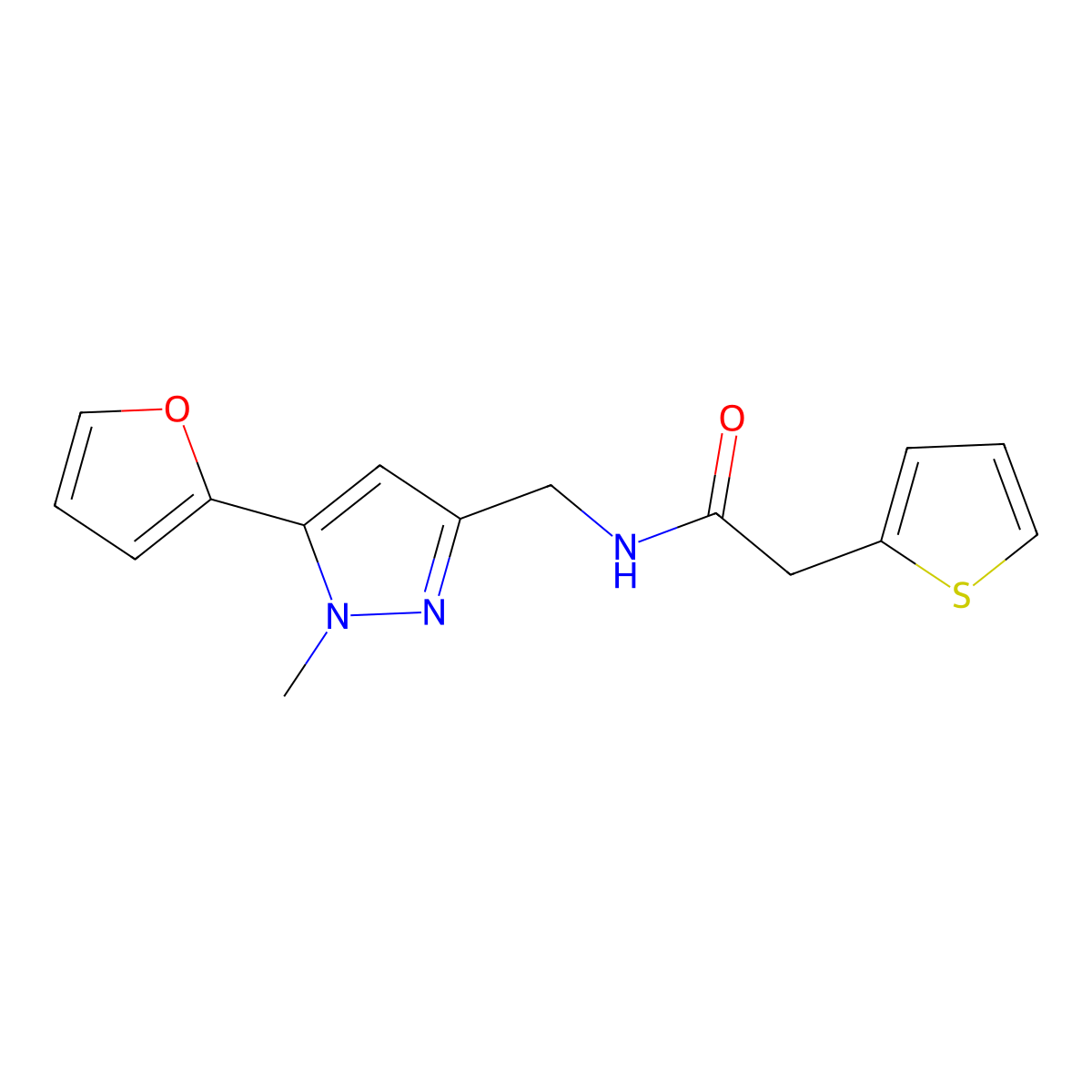 N-((5-(furan-2-yl)-1-methyl-1H-pyrazol-3-yl)methyl)-2-(thiophen-2-yl)acetamide molecular structure, CAS 1421512-72-2