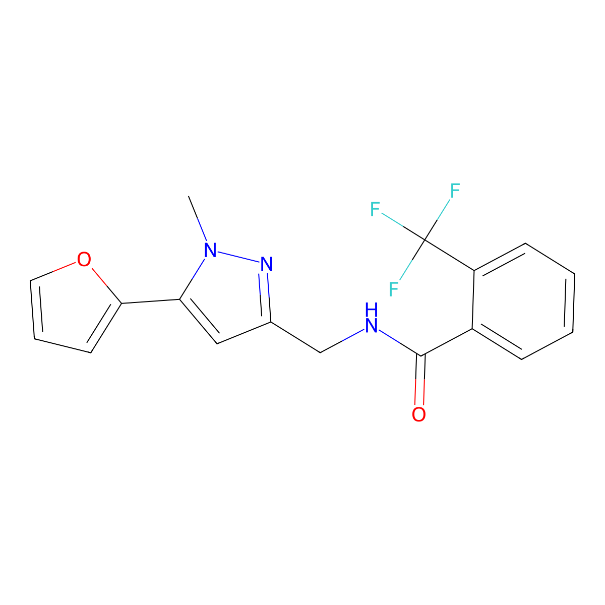 N-{[5-(furan-2-yl)-1-methyl-1H-pyrazol-3-yl]methyl}-2-(trifluoromethyl)benzamide molecular structure, CAS 1421512-76-6