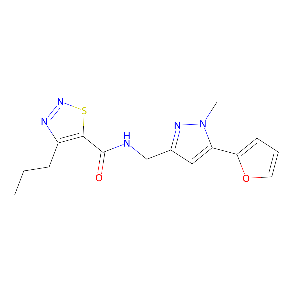 N-{[5-(furan-2-yl)-1-methyl-1H-pyrazol-3-yl]methyl}-4-propyl-1,2,3-thiadiazole-5-carboxamide molecular structure, CAS 1421512-78-8