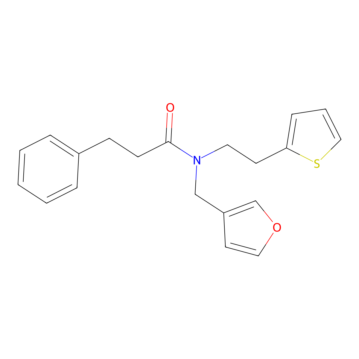 N-(furan-3-ylmethyl)-3-phenyl-N-(2-(thiophen-2-yl)ethyl)propanamide molecular structure, CAS 1421512-80-2