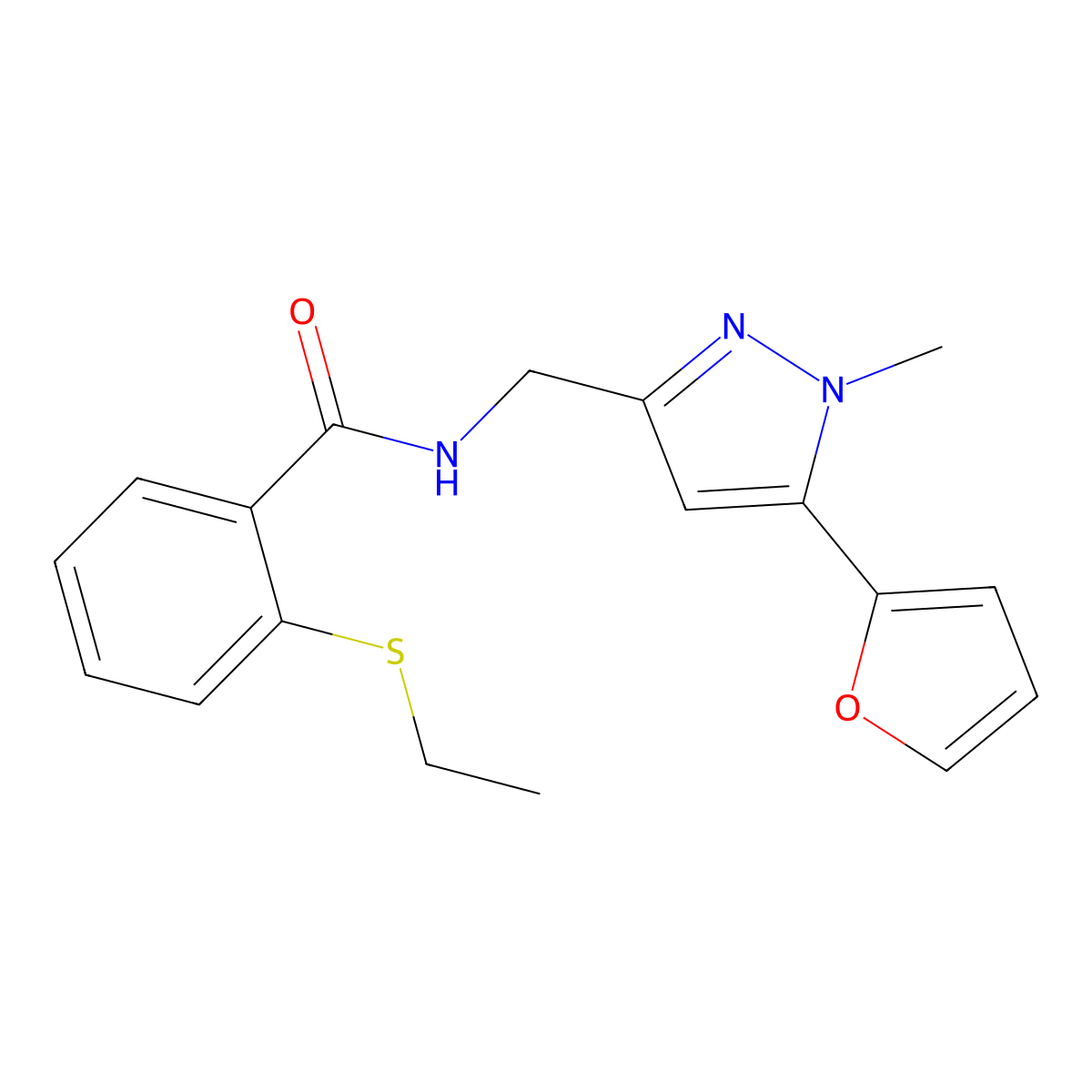 2-(ethylthio)-N-((5-(furan-2-yl)-1-methyl-1H-pyrazol-3-yl)methyl)benzamide molecular structure, CAS 1421512-84-6