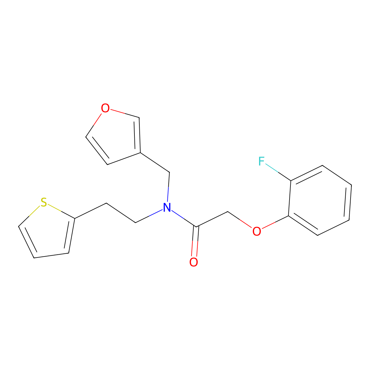 2-(2-fluorophenoxy)-N-(furan-3-ylmethyl)-N-(2-(thiophen-2-yl)ethyl)acetamide molecular structure, CAS 1421512-85-7